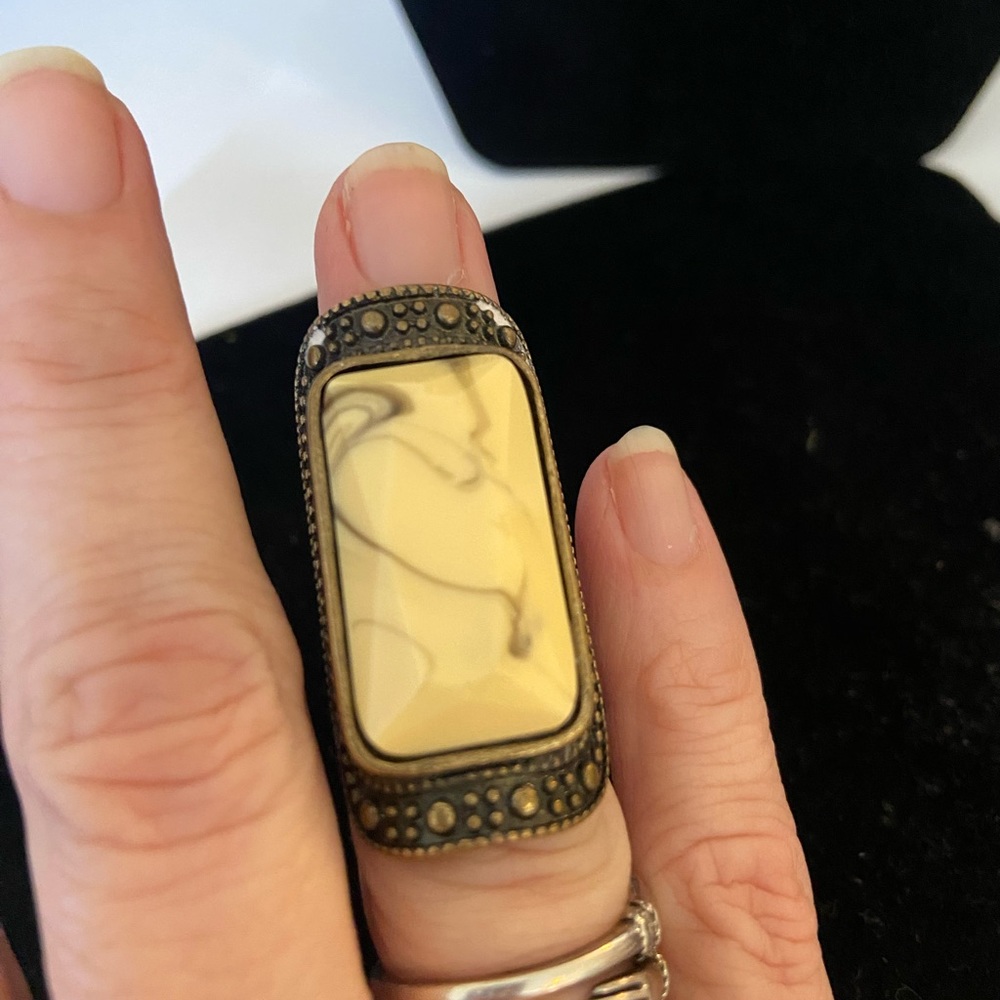 Long ring cream stone or marble in brass size 4 1/2